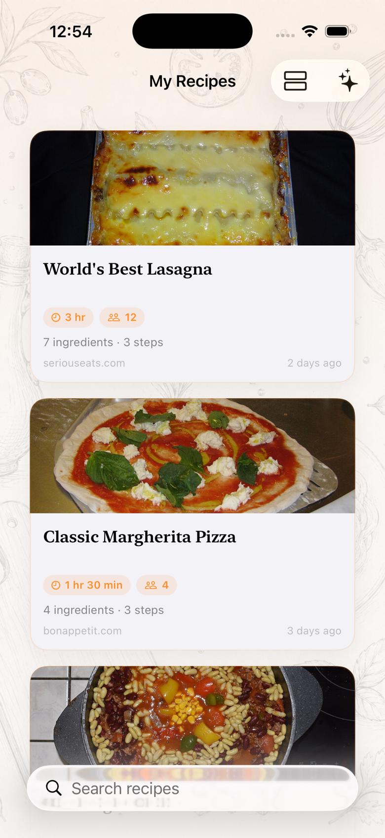 Your saved recipe collection in the Recipe Please app