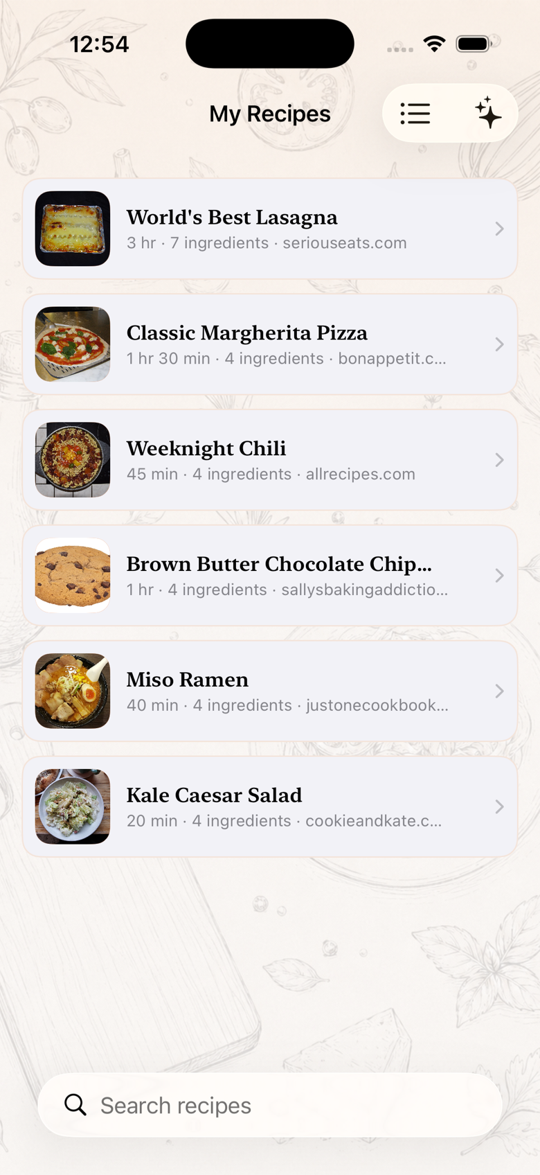 Recipe Please list view with search