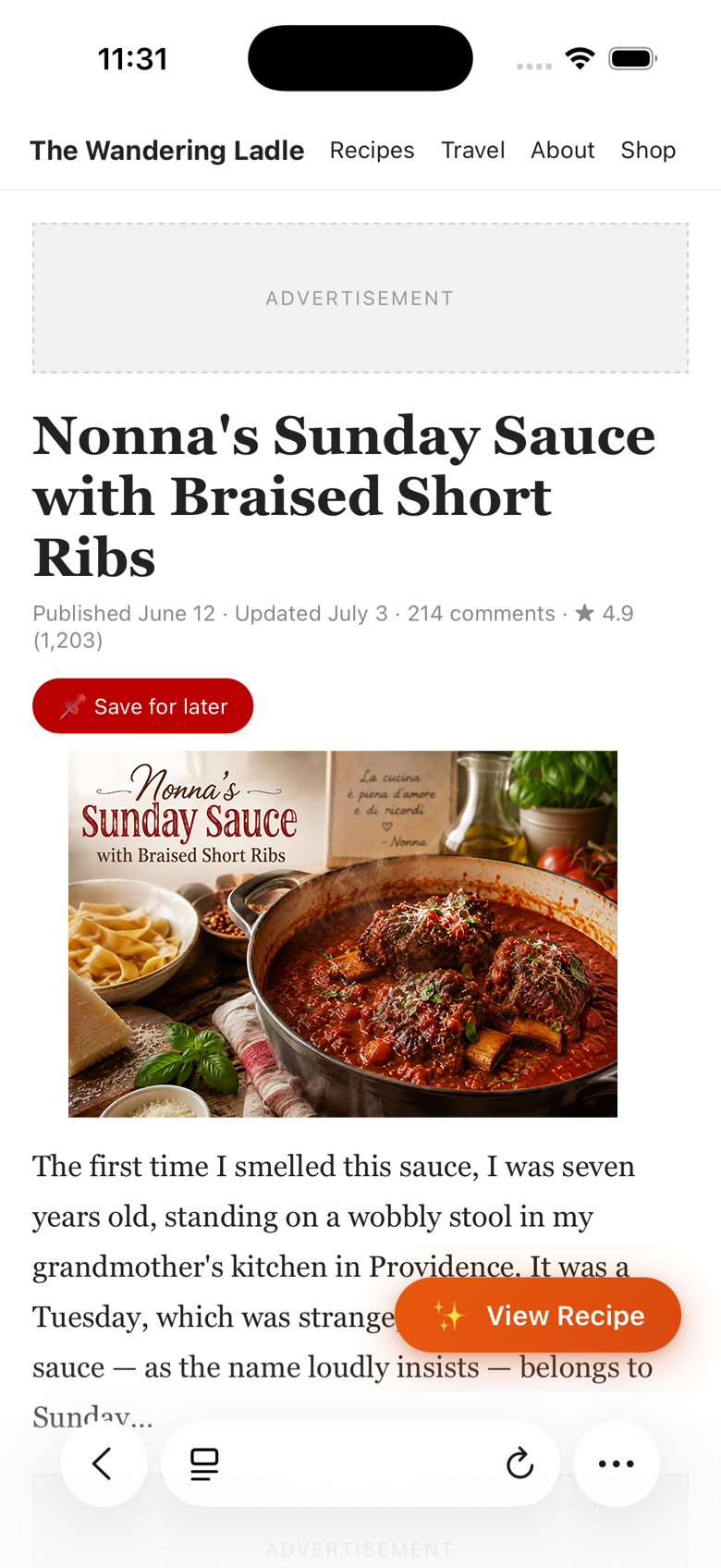 A typical cluttered recipe blog with ads and a long story before the recipe